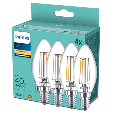 4x Żarówka LED E14 Świeczka B35 4.3W = 40W 470lm 2700K Ciepła 300° FILAMENT Essential Philips