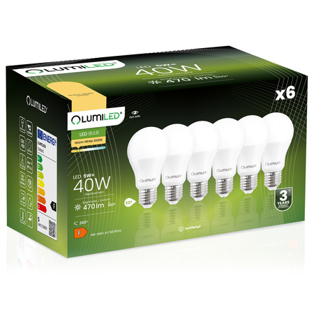 Zestaw 6x Żarówka LED E27 A60 5W = 40W 470lm 3000K Ciepła 260° LUMILED