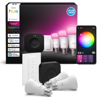 3x Żarówka LED E27 A60 8.1W = 75W 1100lm CCT + RGB SMART Inteligentna Bluetooth ZigBee White and Color Ambiance + Mostek Bridge PRO + Regulator Pilot Philips HUE