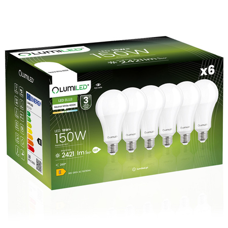 Zestaw 6x Żarówka LED A70 E27 18W = 150W 2421lm 4000K Neutralna 260° LUMILED