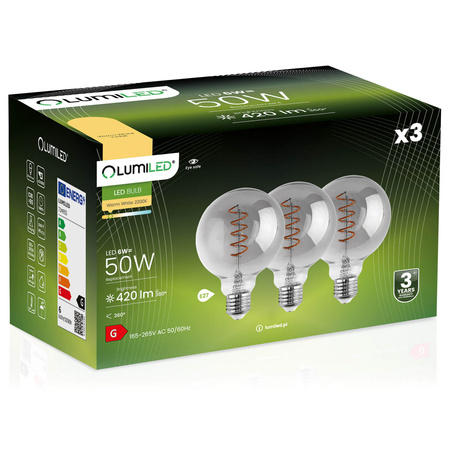 Zestaw 3x Żarówka Dekoracyjna Kulista LED E27 G95 6W = 50W 420lm 2200K Ciepła 360° Filament LUMILED GLOBE Smokey