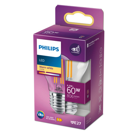 Żarówka LED Kulka E27 P45 6.5W = 60W 806lm 2700K Ciepła Filament PHILIPS