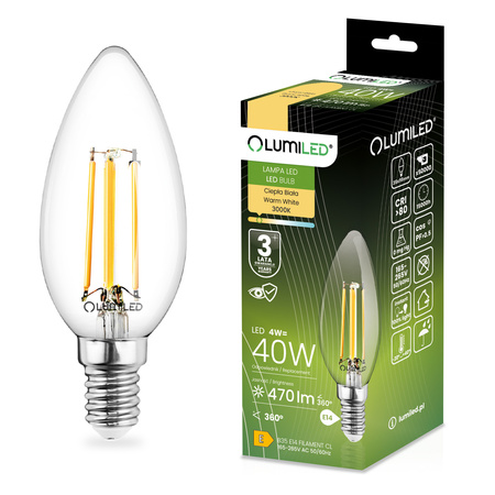 Żarówka LED E14 B35 4W = 40W 470lm 3000K Ciepła 360° Filament LUMILED