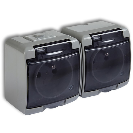 Gniazdko Podwójne Elektryczne Hermetyczne Ścienne Natynkowe z Bolcem IP54 KARLIK Popielate