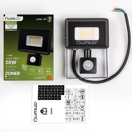 Naświetlacz LED ZONER 20W 1800LM 4000K IP44 Czarny Czujnik Ruchu LUMILED