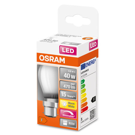 Żarówka LED P45 Kulka B22d 4.8W = 40W 470lm 2700K Ciepła 320° Ściemnialna Retrofit Filament CLASSIC Osram