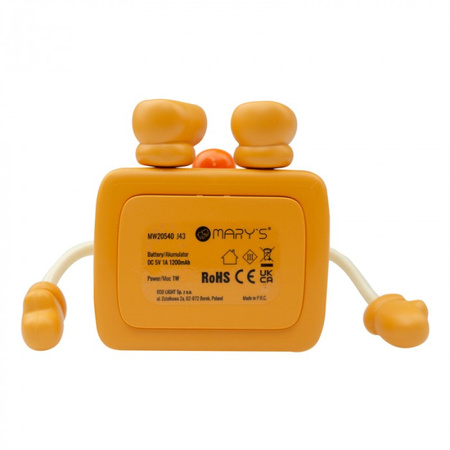 Lampka Nocna Dziecięca LED 1W 3000K Ciepła USB Akumulatorowa 1200mAh Pomarańczowa|Biała TOŚCIK MARY'S