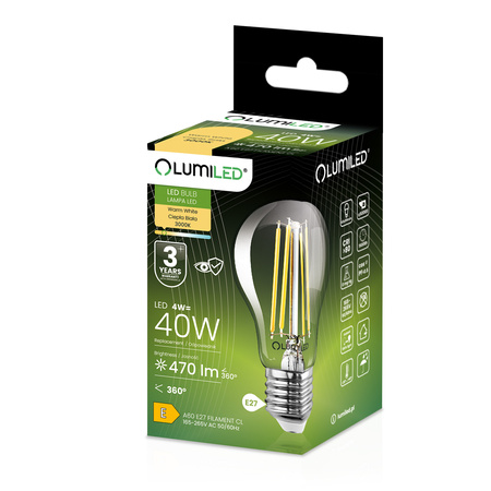 6x Żarówka LED E27 A60 4W = 40W 470lm 3000K Ciepła 360° FILAMENT LUMILED