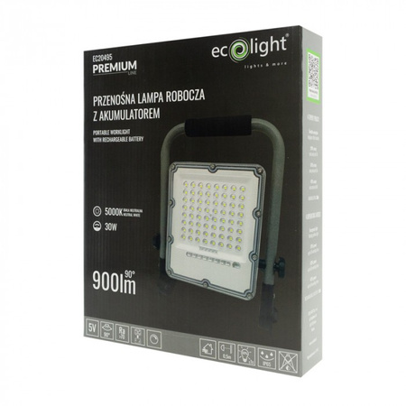 Naświetlacz LED Reflektor Akumulatorowy 30W 900lm 5000K Zimna 3000mAh IP65 Ecolight