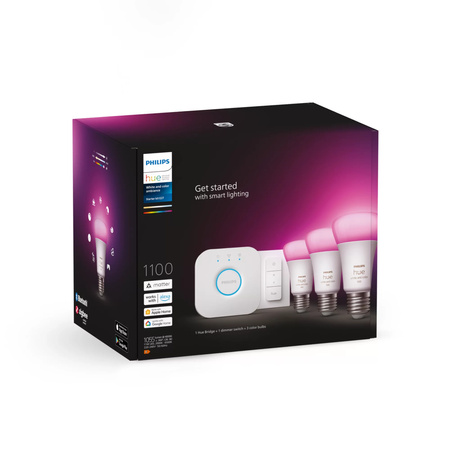 3x Żarówka LED E27 A60 11W = 75W 1055lm 2000-6500K CCT + RGB SMART Inteligentna Bluetooth ZigBee White and Color Ambiance + Mostek Bridge + Regulator PILOT Zestaw Startowy Philips HUE