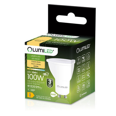 Żarówka LED GU10 Reflektor PAR16 12W = 100W 1320LM 3000K Ciepła 120° LUMILED