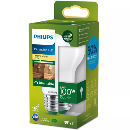 Żarówka LED E27 A60 7.3W = 100W 1535lm 210lm/W 2700K Ciepła 300° Ściemnialna KLASA A UltraEfficient Philips