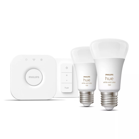2x Żarówka LED E27 A60 11W = 75W 1055lm 2000-6500K CCT + RGB SMART Inteligentna Bluetooth ZigBee White and Color Ambiance + Mostek Bridge + Regulator PILOT Zestaw Startowy Philips HUE