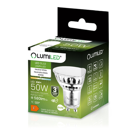 Zestaw 10x Żarówka LED GU10 6W = 50W 580lm 4000K Neutralna 120° Szklana LUMILED