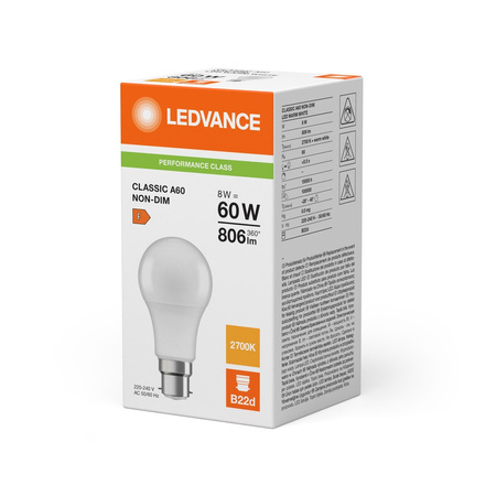 Żarówka LED A60 B22d 8W = 60W 806lm 2700K Ciepła Biała LEDVANCE