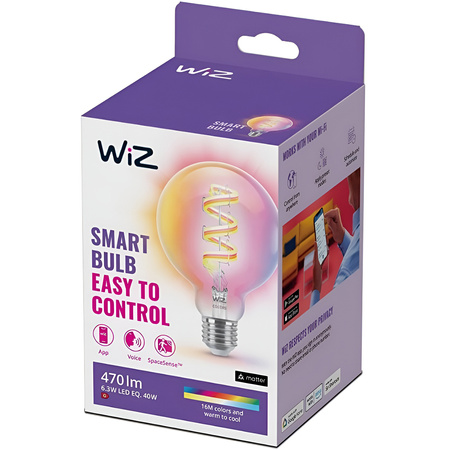 Żarówka LED E27 Kula G95 6.3W = 40W 470lm 2200-6500K RGB + TW FILAMENT Inteligentna SMART WiFi Bluetooth Aplikacja WiZ