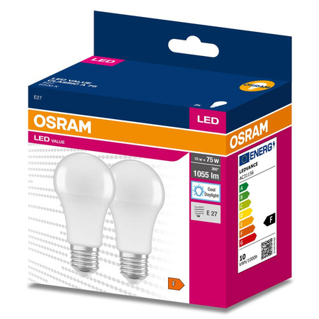 2x Żarówka LED A60 E27 10W = 75W 1055lm 6500K Zimna 200° VALUE CLASSIC Osram