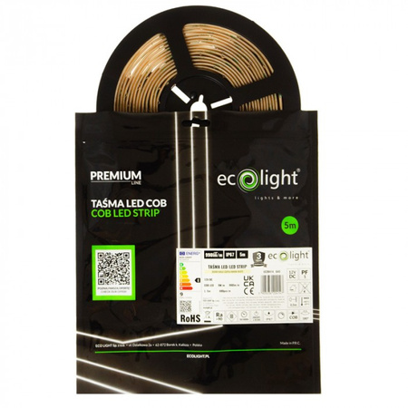 Taśma LED Pasek COB 9W/m 990lm/m 480LED/m 12V 3000K Ciepła CRI90 IP67 Rolka 5m Ecolight