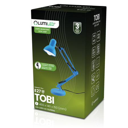 Lampka Biurkowa Kreślarska Stołowa E27 TOBI Niebieska Lumiled + uchwyt na blat