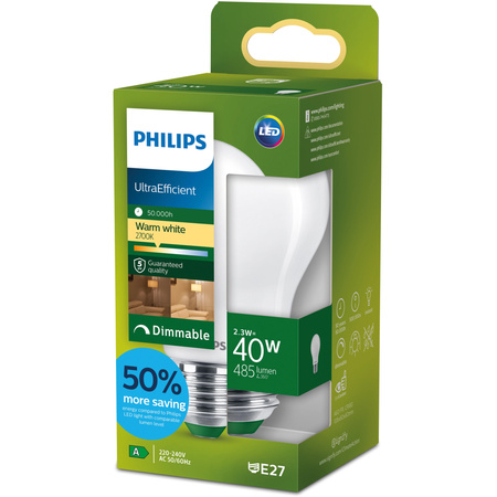 Żarówka LED E27 A60 2.3W = 40W 485lm 212lm/W 2700K Ciepła 300° KLASA A Ściemnialna UltraEfficient Philips