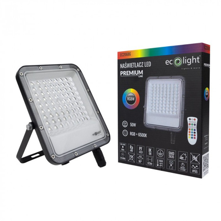 Naświetlacz LED Lampa Reflektor 50W RGB + 6500K Zimna PREMIUM z Pilotem Sterującym Ecolight