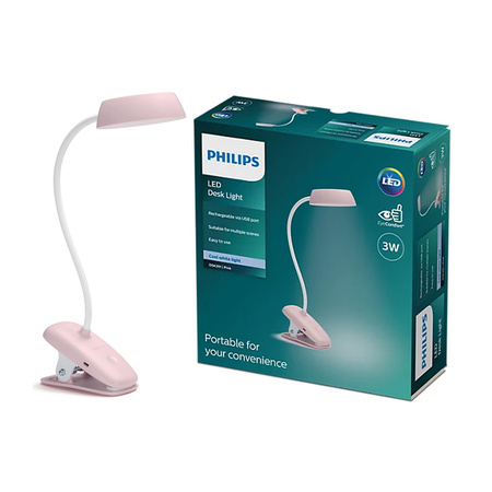 Lampka Biurkowa Stołowa LED DONUTCLIP 3W 4000K Ściemnialna USB Różowa z Zaciskiem PHILIPS