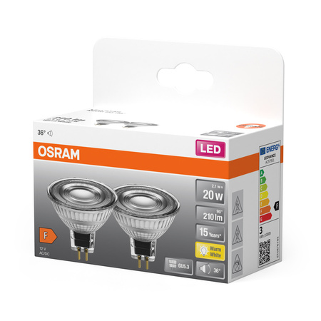 2x Żarówka LED MR16 Reflektor GU5.3 2.1W = 20W 210lm 2700K Ciepła 12V 36° STAR Osram