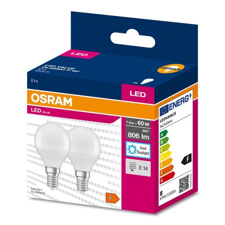 2x Żarówka LED P45 Kulka E14 6.5W = 60W 806lm 6500K Zimna 150° VALUE CLASSIC Osram