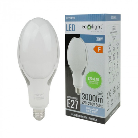 Żarówka LED E27 30W 3000lm 6000K Zimna Rocket + Adapter E40 Ecolight