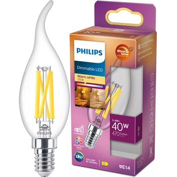 Żarówka LED E14 Świeczka BA35 3.4W = 40W 470lm 2200-2700K Ciepła CRI90 FILAMENT Ściemnialna WarmGlow Philips