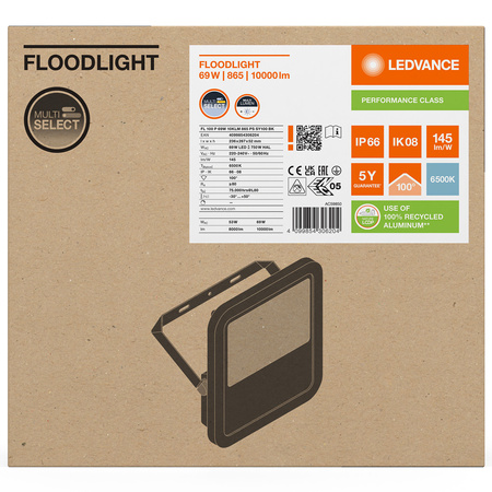 Naświetlacz LED Reflektor Zewnętrzny Lampa 69W 10000lm 6500K IP66 Czarny Floodlight Ledvance