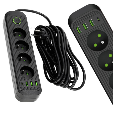 Przedłużacz CONNECTO 4x230V 5m 4GN Uziemienie Wyłącznik 4xUSB Czarny Kobi