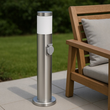 Lampa Ogrodowa Zewnętrzna E27 SREBRNY SŁUPEK 65cm z Gniazdem 230V