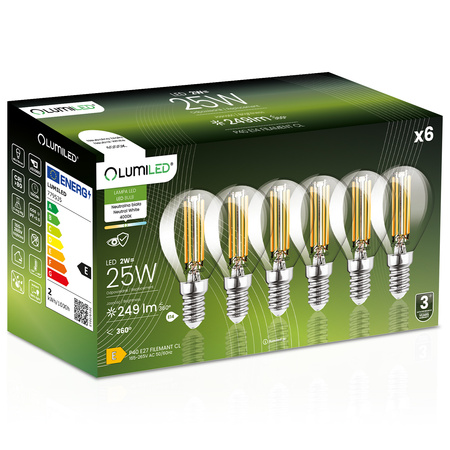 6x Żarówka LED E14 Kulka P45 2W = 25W 249lm 4000K Neutralna 360° FILAMENT LUMILED