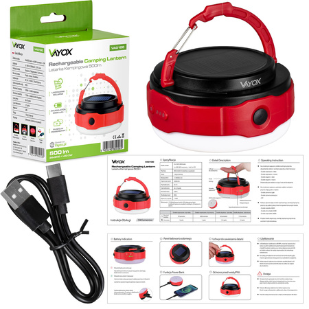 Latarka Akumulatorowa LED Kempingowa 500lm 3000K-6500K Solarna USB-C Powerbank VA0100 VAYOX