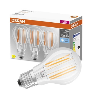 3PAK Żarówka LED E27 A60 7,5W = 75W 1055lm 4000K Neutralna 300° Filament OSRAM BASE