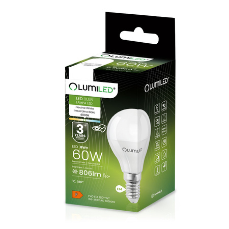 Żarówka LED E14 Kulka P45 8W = 60W 806lm 4000K Neutralna 180° LUMILED