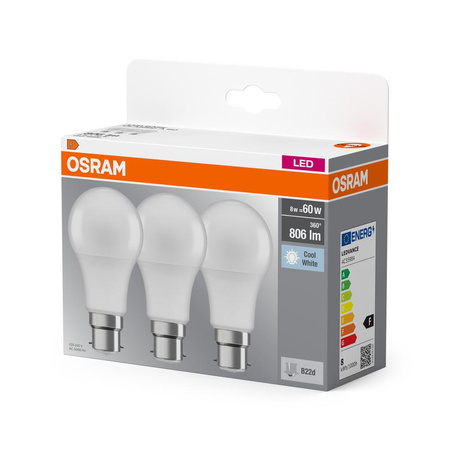 3x Żarówka LED A60 B22d 8W = 60W 806lm 4000K Neutralna 150° BASE Osram