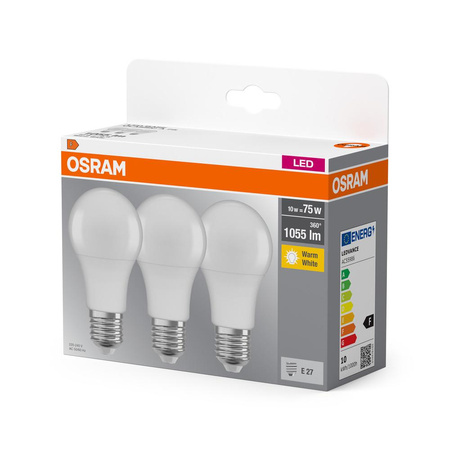 3x Żarówka LED A60 E27 10W = 75W 1055lm 2700K Ciepła 150° BASE Osram