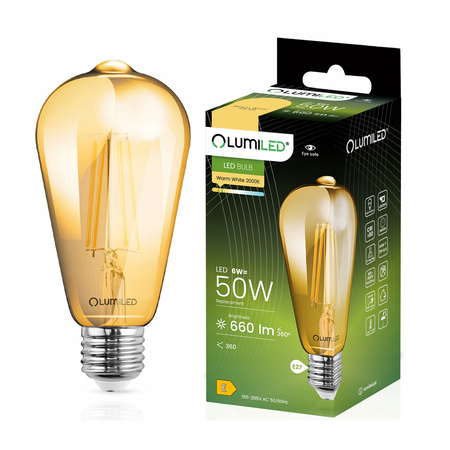 Żarówka LED E27 ST64 6W = 50W 660lm 2000K Ciepła 360° Filament LUMILED