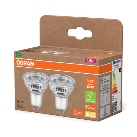 2x Żarówka LED PAR16 Reflektor GU10 2W = 50W 360lm 2700K Ciepła 36° 180lm/W ENERGY EFFICIENCY Osram