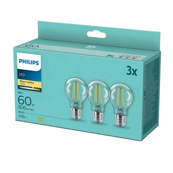 3PAK Żarówka LED E27 A60 7W = 60W 806lm 2700K Ciepła Filament PHILIPS