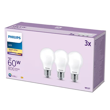 Zestaw 3x Żarówka LED E27 A60 7W = 60W 806lm 2700K Ciepła Filament Mleczna PHILIPS