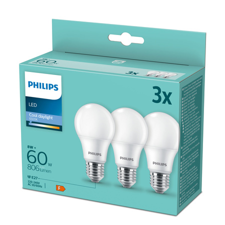 3PAK Żarówka LED E27 A60 8W = 60W 806lm 6500K Zimna PHILIPS