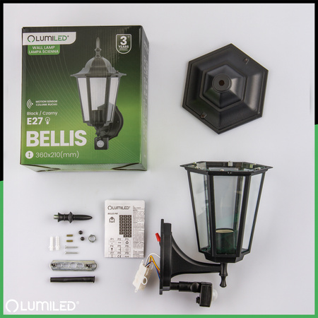 Lampa Ogrodowa Kinkiet Elewacyjny Zewnętrzny E27 LED Latarnia Czujnik Ruchu BELLIS Czarna LUMILED