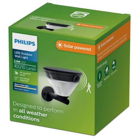 Kinkiet Ogrodowy Lampa Zewnętrzna Elewacyjna Solarny 3.8W 400lm 2700K Ciepła IP44 Czarna z Czujnikiem Ruchu Kyna Philips