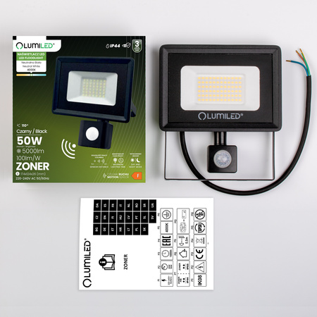 Naświetlacz LED ZONER 50W 5000LM 4000K IP44 Czarny Czujnik Ruchu LUMILED