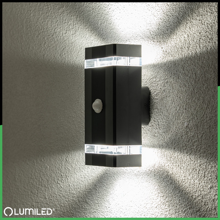 Lampa Ogrodowa Kinkiet Elewacyjny góra dół 2x GU10 Czarny Czujnik Ruchu i Zmierzchu IP54 HEDERA LUMILED