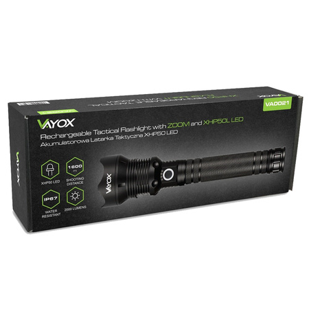 Latarka taktyczna ZOOM LED XHP70 25W 2000lm 3 TRYBY 1000m IP67 aluminium VA0021 VAYOX