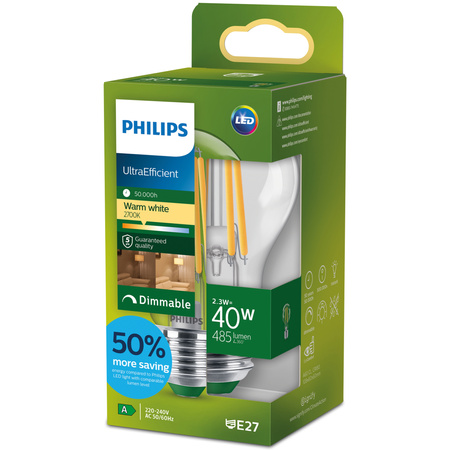 Żarówka LED E27 A60 2.3W = 40W 485lm 212lm/W 2700K Ciepła 300° KLASA A Ściemnialna UltraEfficient Philips